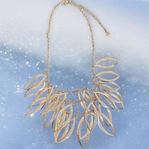 Triple Layered Brushed Silver Tone Feather Bib Necklace - Picture 3 of 13